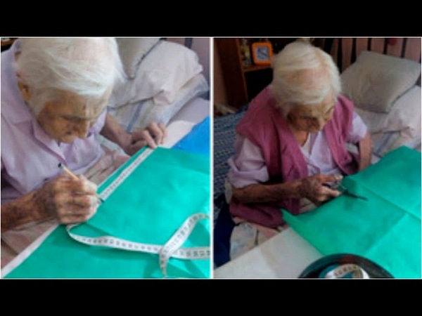 ABUELITA DE 96 AÑOS DESDE SU CASA ELABORA TAPABOCAS PARA UN HOSPITAL