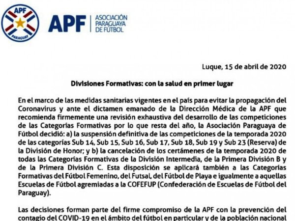 La APF suspende    todas las Formativas del año 2020