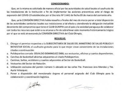 Olimpia otorga permiso a Salud para utilización de sus instalaciones