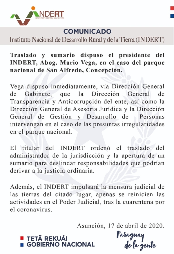 INDERT: Disponen sumario y traslado a funcionarios por irregularidades en caso parque San Alfredo - .::RADIO NACIONAL::.