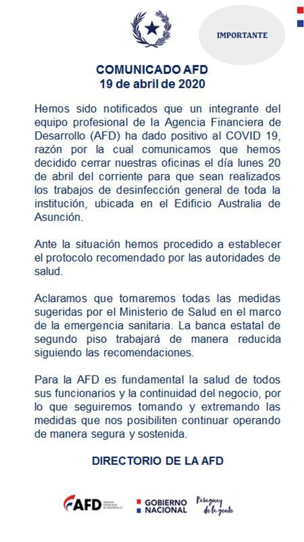 Funcionario de AFD dio positivo al covid-19 y oficinas estarán cerradas hoy - Nacionales - ABC Color