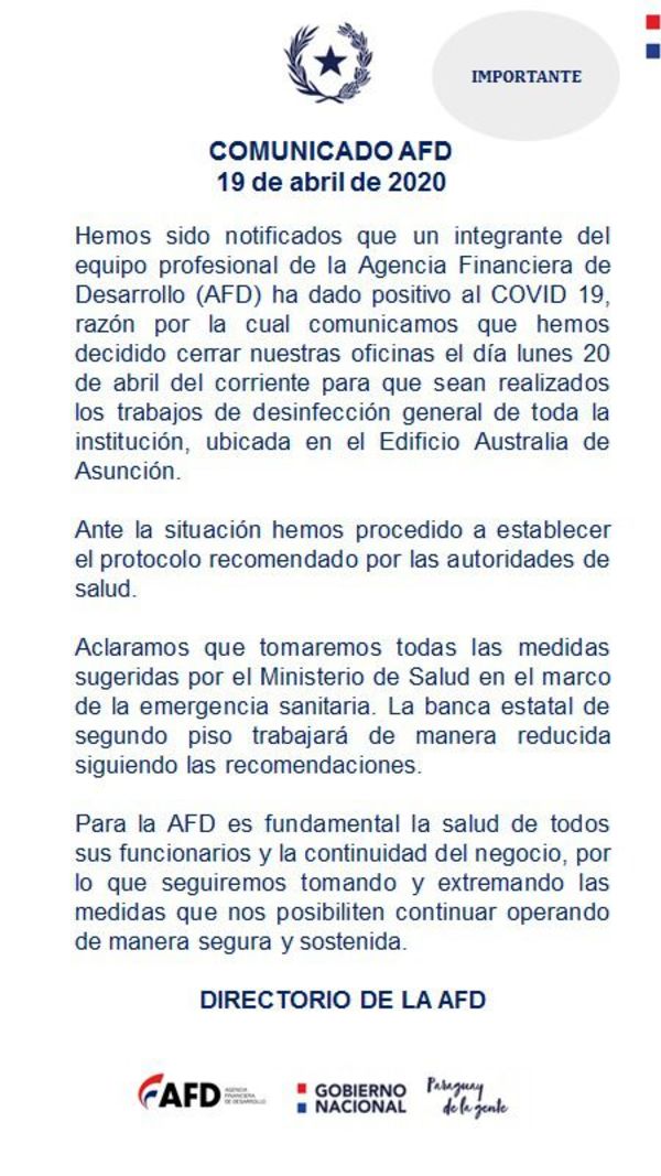 Funcionario de AFD dio positivo al covid-19 y oficinas estarán cerradas hoy  - Nacionales - ABC Color