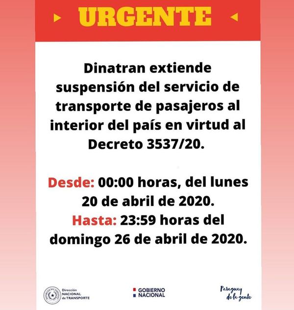 Dinatran extiende suspensión de viajes al interior hasta el 26 de abril - ADN Paraguayo