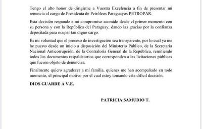 Patricia Samudio renunció a Petropar