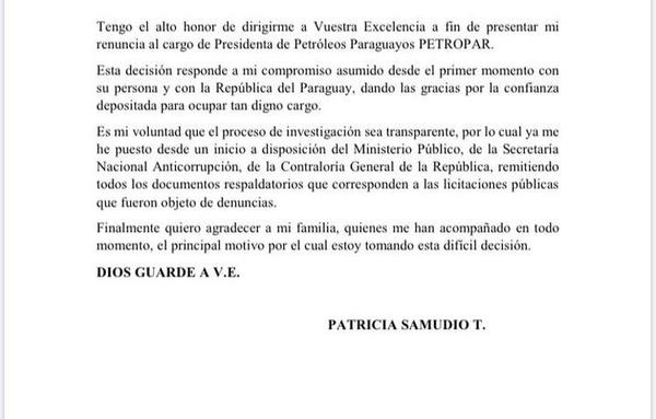 Patricia Samudio renunció a Petropar