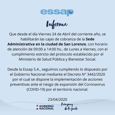 Essap San Lorenzo habilitara sus cajas de cobranzas » San Lorenzo PY