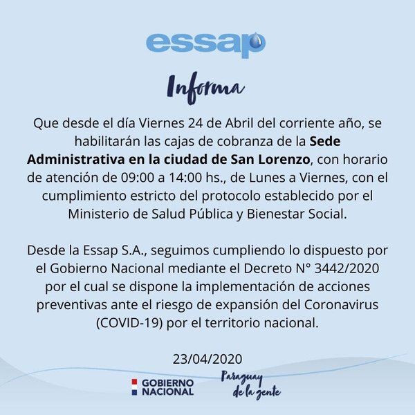 Essap San Lorenzo habilitara sus cajas de cobranzas » San Lorenzo PY
