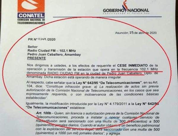 Conatel pide el cese inmediato de radio pirata 102.1 FM administrado por el Clan Acevedo.