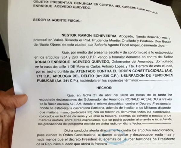 Denuncian al Gobernador de Amambay por atentar contra el Orden Constitucional