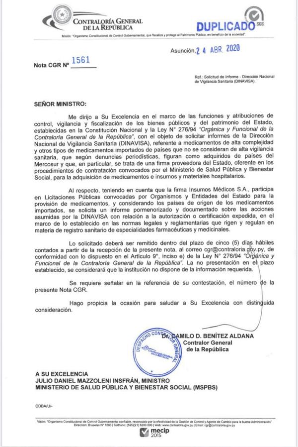 Contraloría solicita informes sobre importación de medicamentos de países que no son de alta vigilancia sanitaria - Nacionales - ABC Color