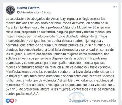 La Asociación de Abogados del Amambay repudia enérgicamente lo dicho por el diputado Robert Acevedo a fiscala y una docente