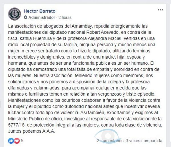 La Asociación de Abogados del Amambay repudia enérgicamente lo dicho por el diputado Robert Acevedo a fiscala y una docente