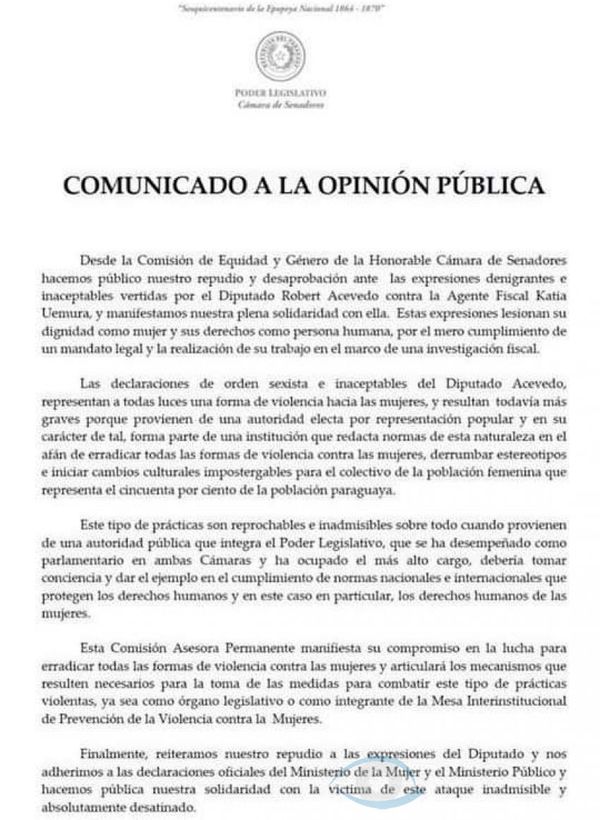 Comisión de Equidad y Género de la Cámara de Senadores lanza Comunicado en repudio a Robert Acevedo
