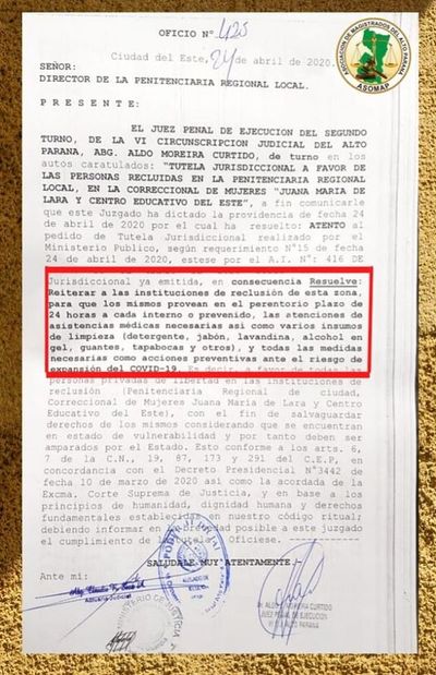 COVID-19: Juez emplaza a autoridades a brindar atención médica e insumos de limpieza a reos - ADN Paraguayo