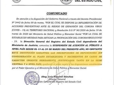 Cuarentena: Solo inscripción de nacimientos y defunciones, recuerda Registro Civil
