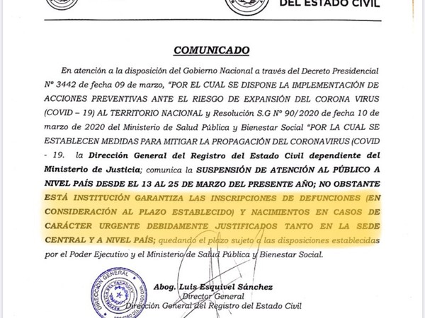 Cuarentena: Solo inscripción de nacimientos y defunciones, recuerda Registro Civil