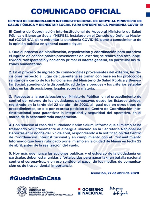 Salum cumplió protocolo y no violó cuarentena - ADN Paraguayo
