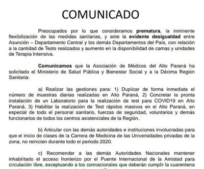 Flexibilización de cuarentena es prematura, según médicos de Alto Paraná