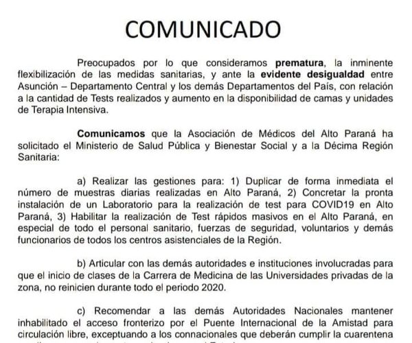 Flexibilización de cuarentena es prematura, según médicos de Alto Paraná