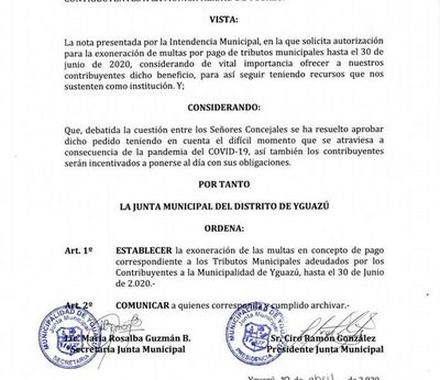 Yguazú exonera multas y recargos hasta junio