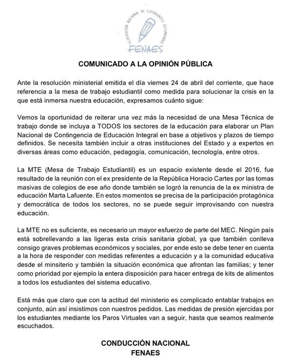 Estudiantes exigen mesa de trabajo para elaborar Plan Nacional de Contingencia de Educación Integral - ADN Paraguayo