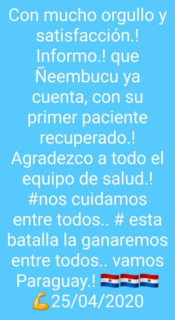 Reportan alta del paciente con caso positivo de coronavirus en Ñeembucu - .::RADIO NACIONAL::.