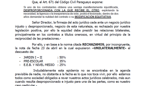 Padres solicitan reducción del 50% en cuotas de colegio privado