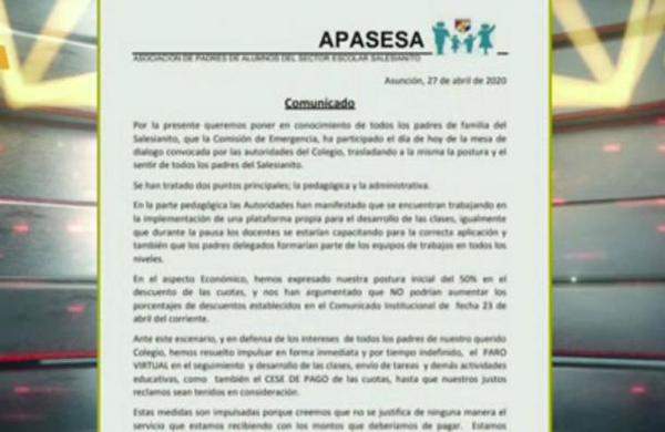 Paro virtual y cese de pago de cuotas en el Salesianito - C9N