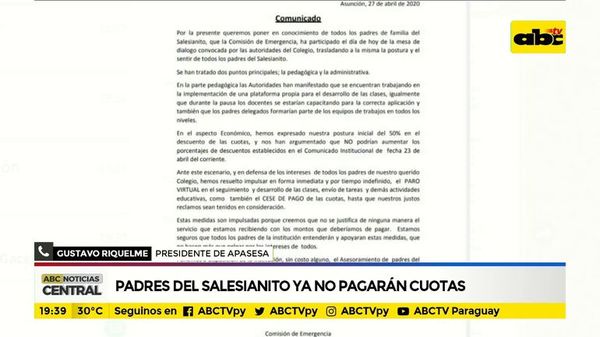 Padres del Salesianito ya no pagarán cuotas - ABC Noticias - ABC Color