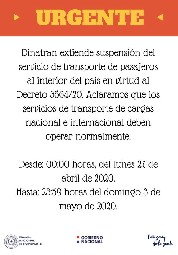 Dinatran recuerda que servicio de buses del interior sigue suspendido hasta el 3 de mayo - .::RADIO NACIONAL::.