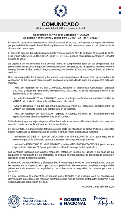 Contrato del MSP con cuestionadas firmas rige hasta que estas cumplan con la obligación y entreguen los productos solicitados - ADN Paraguayo