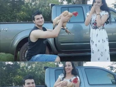 Enamorado quiso sorprender a su novia y le regaló una gallina