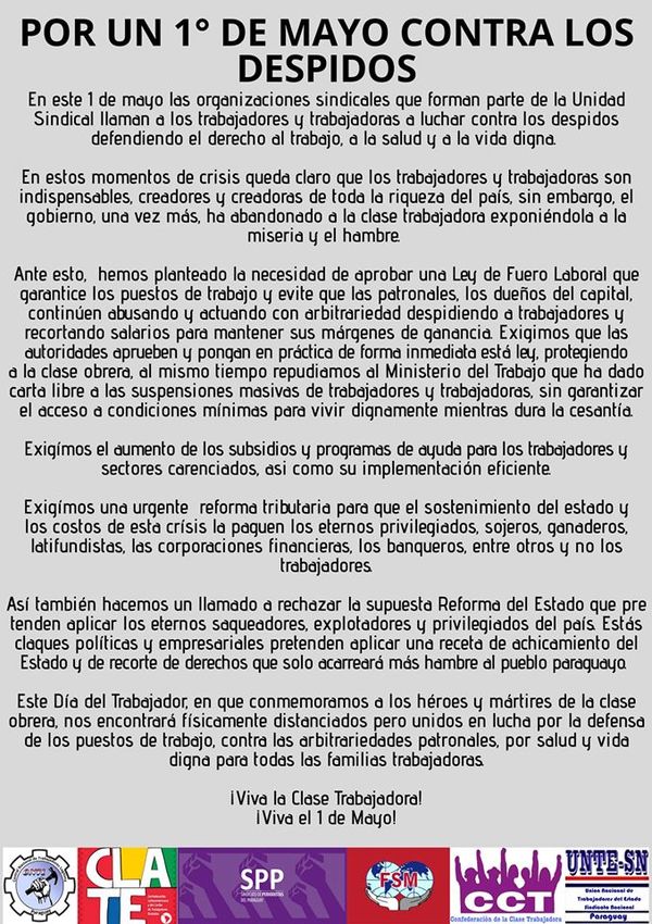 Día del trabajador en tiempos del COVID-19. Manifestaciones ceden el paso a los comunicados - ADN Paraguayo