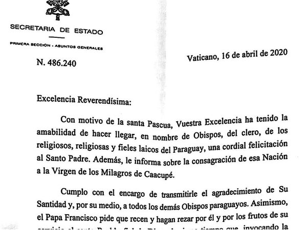Bendición apostólica del Papa al Paraguay por el coronavirus