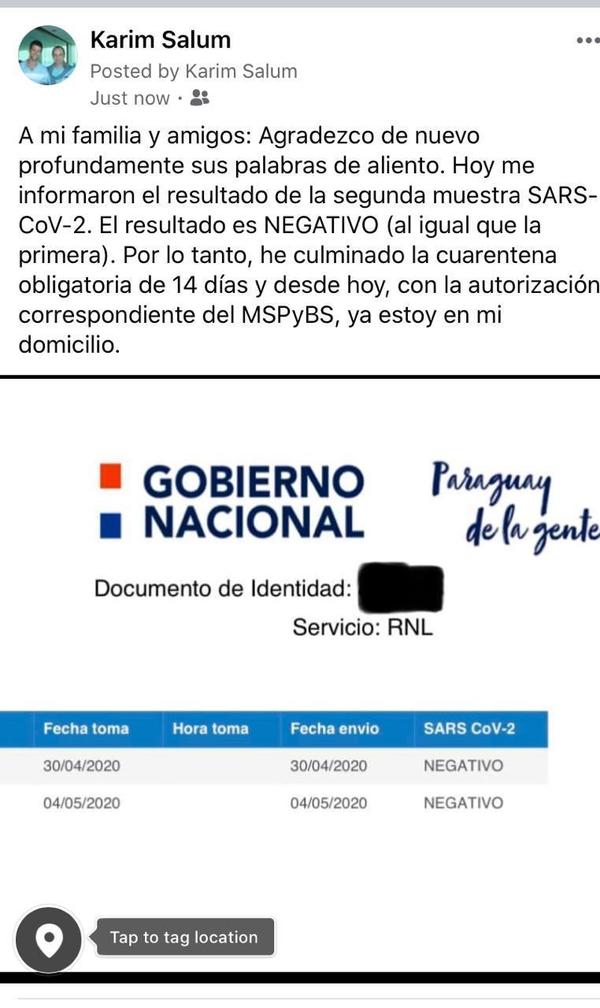 Tras 14 días de cuarentena y dos test negativos de coronavirus, Salud Pública autoriza a Karim Salum a regresar a su domicilio - ADN Paraguayo