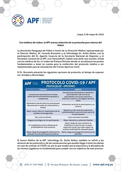 APF confecciona protocolo sanitario para reinicio del campeonato - .::RADIO NACIONAL::.