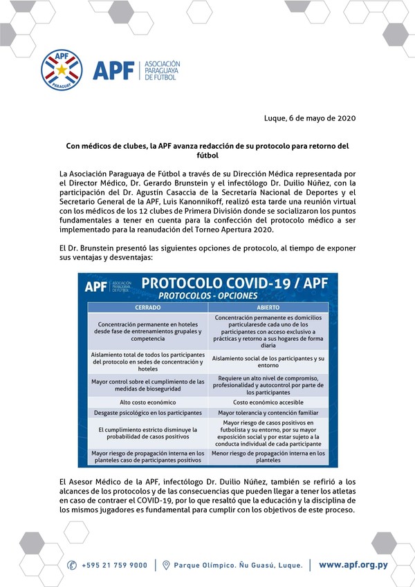 APF confecciona protocolo sanitario para reinicio del campeonato - .::RADIO NACIONAL::.
