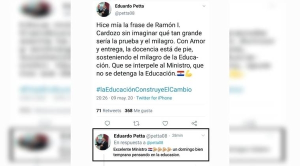 HOY / Petta responde su propio tweet y se felicita a sí mismo por "pensar en la educación"