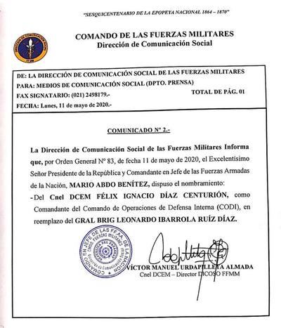 Ejecutivo designó nuevo titular del Comando de Operaciones de Defensa Interna - ADN Paraguayo