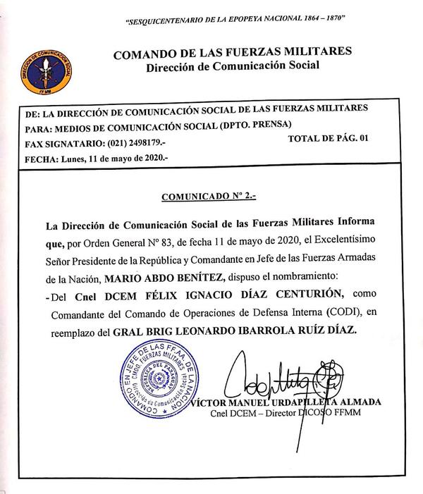 Ejecutivo designó nuevo titular del Comando de Operaciones de Defensa Interna - ADN Paraguayo