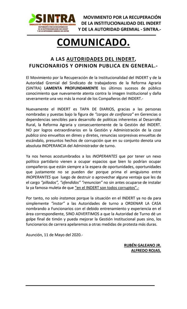 Gremios del Indert repudian escándalos de corrupción que envuelven a la institución - Nacionales - ABC Color