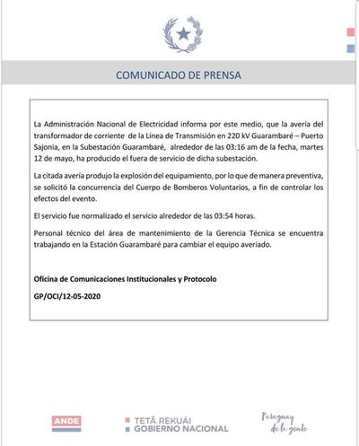 ANDE informa sobre normalización del transformador en subestación Guarambaré - .::RADIO NACIONAL::.