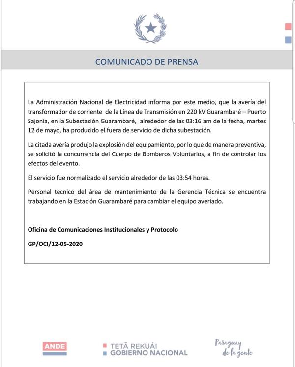 ANDE informa sobre normalización del transformador en subestación Guarambaré - .::RADIO NACIONAL::.