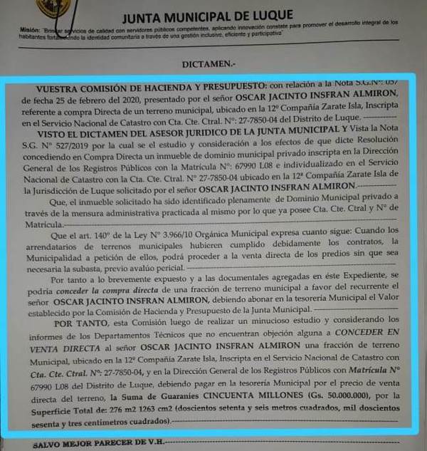 En plena pandemia, concejales "regalan" un terreno de G. 200 millones por G. 50 millones • Luque Noticias