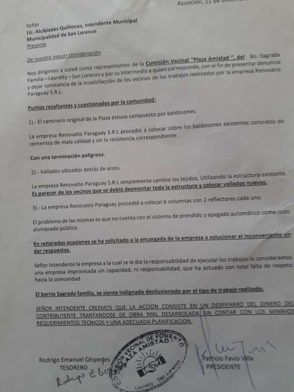 Plaza Amistad: Vecinos presentaron denuncia, pero intendente se llamó a silencio » San Lorenzo PY