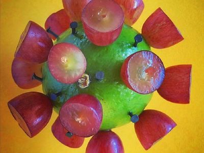 Un artista británico esculpe cada día un coronavirus con frutas y verduras