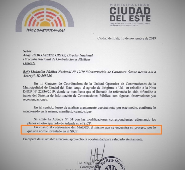 Documento MUNICIPAL confirma MANIPULACIÓN en proceso de adjudicación de las COSTANERA