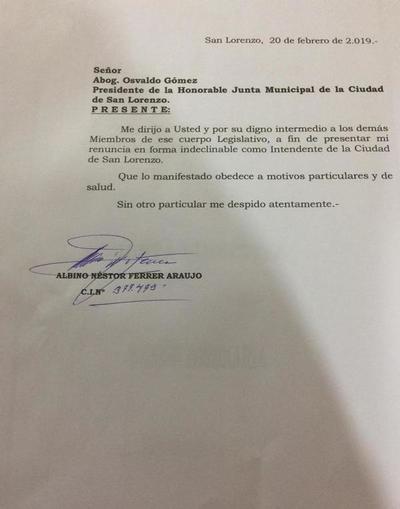 Albino Ferrer renuncia a la Intendencia de San Lorenzo - Campo 9 Noticias