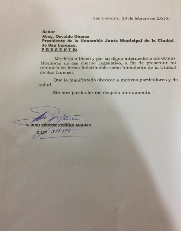 Albino Ferrer renuncia a la Intendencia de San Lorenzo - Campo 9 Noticias