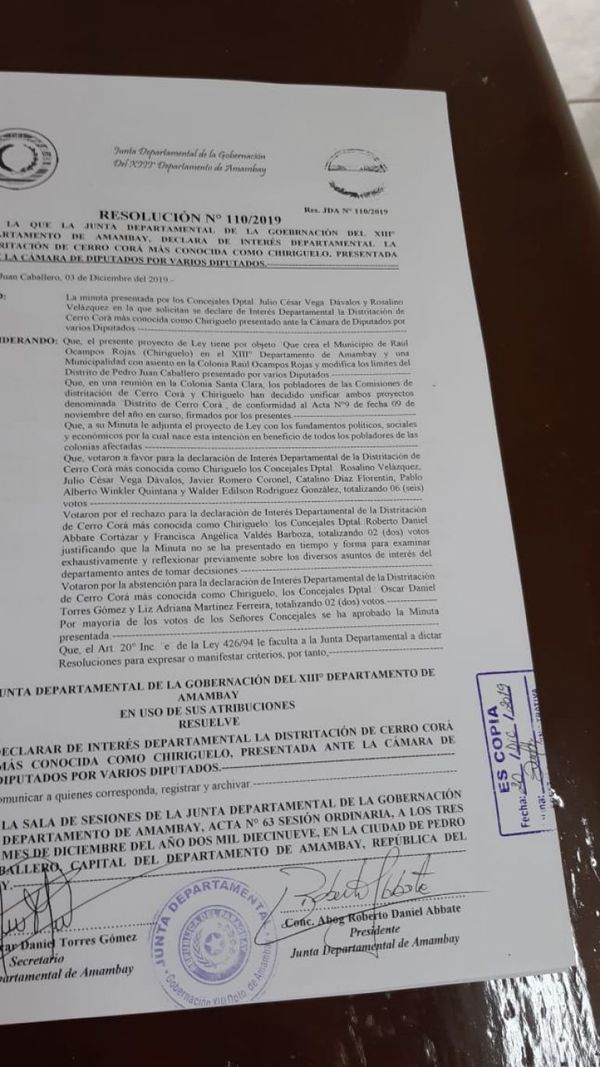 Declaran de interés departamental la creación del distrito Cerro Cora